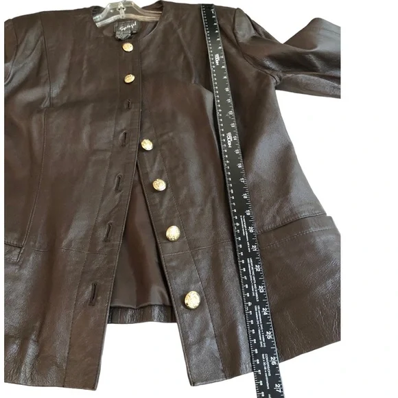Spiegal size 14 brown leather jacket gold buttons pockets - Picture 7 of 12